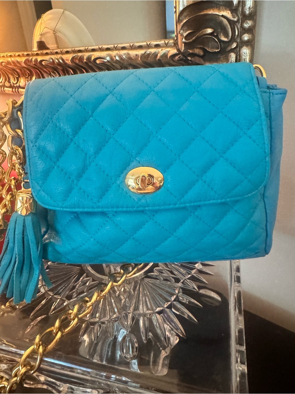 Quilted Turquoise Shoulder Bag with Tassel and Chain Strap